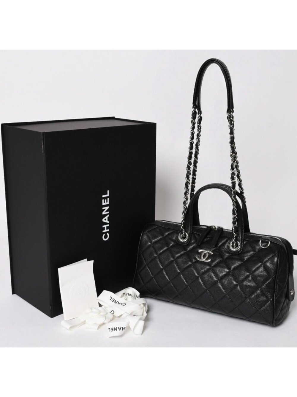 Chanel Chain Bag Base CC Logo Caviar Leather Black Silver